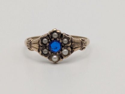 10k Victorian Gold Sapphire Seed Pearl Ring Wedding Cocktail Promise Band