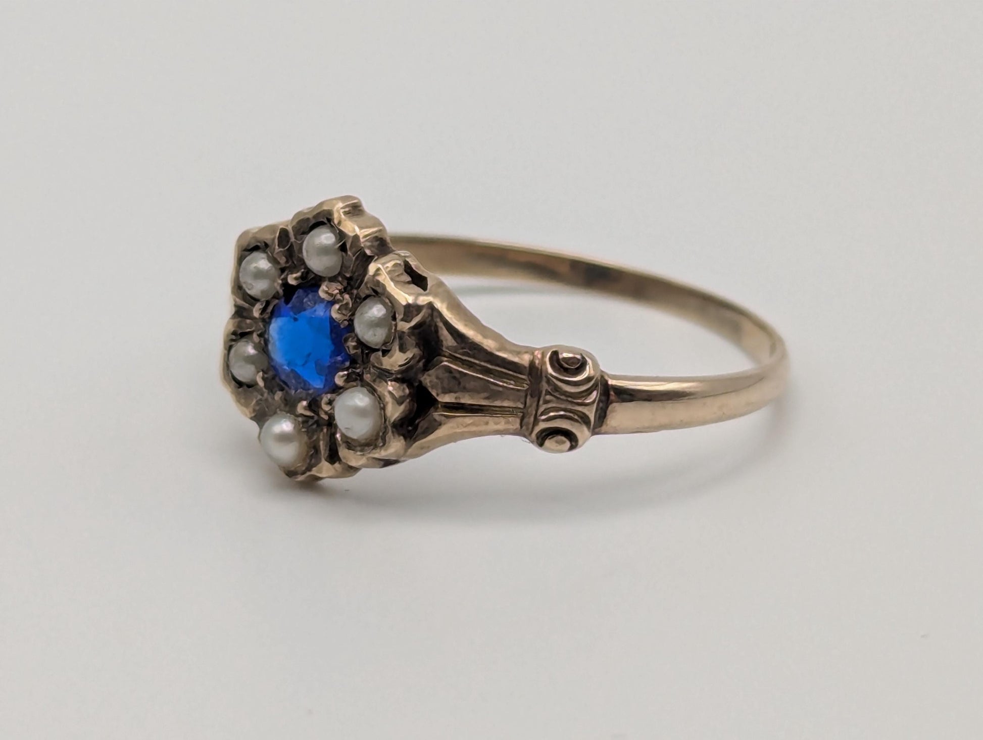 10k Victorian Gold Sapphire Seed Pearl Ring Wedding Cocktail Promise Band