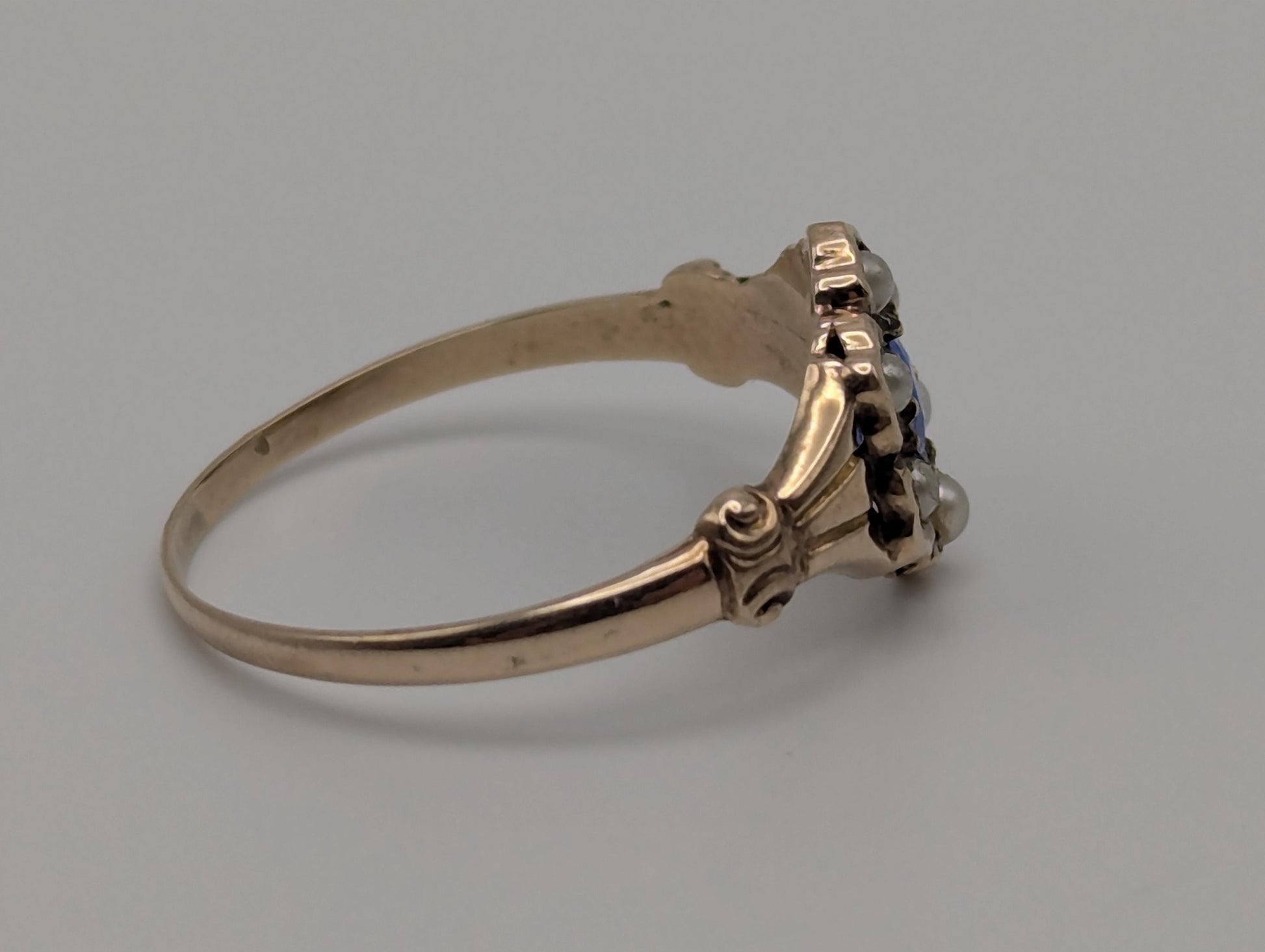 10k Victorian Gold Sapphire Seed Pearl Ring Wedding Cocktail Promise Band