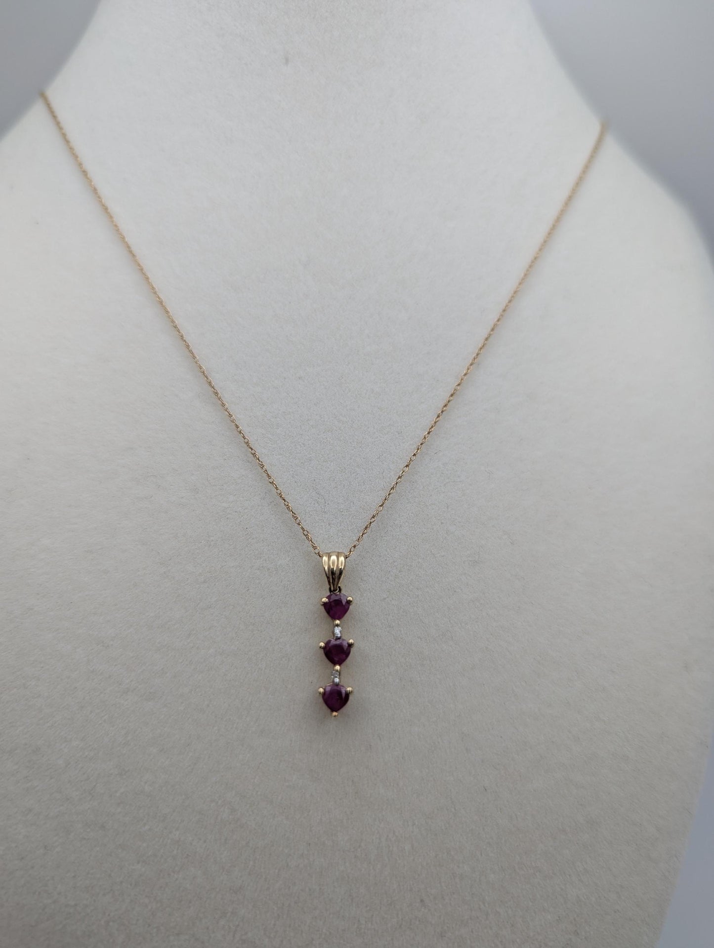 10k Gold Diamond & Ruby 3 Heat Love Stone Journey Necklace Pendant Yellow Gold Chain
