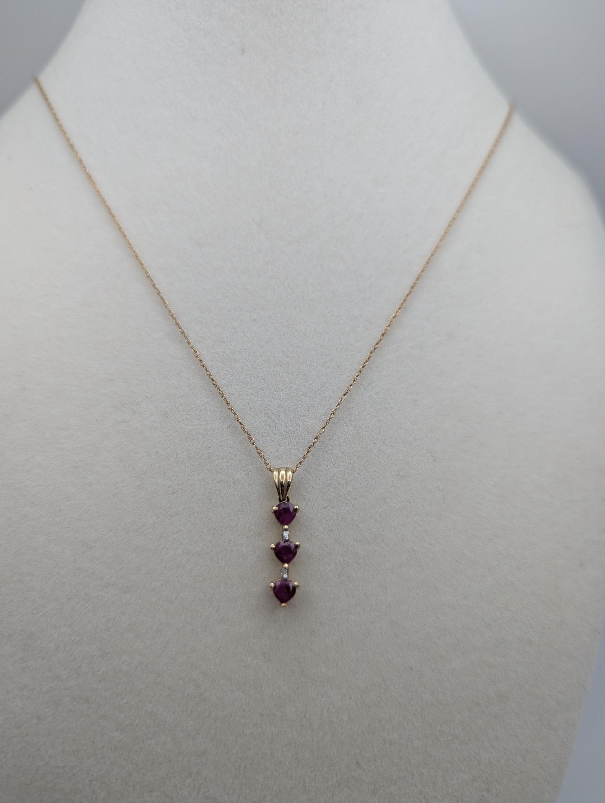 10k Gold Diamond & Ruby 3 Heat Love Stone Journey Necklace Pendant Yellow Gold Chain