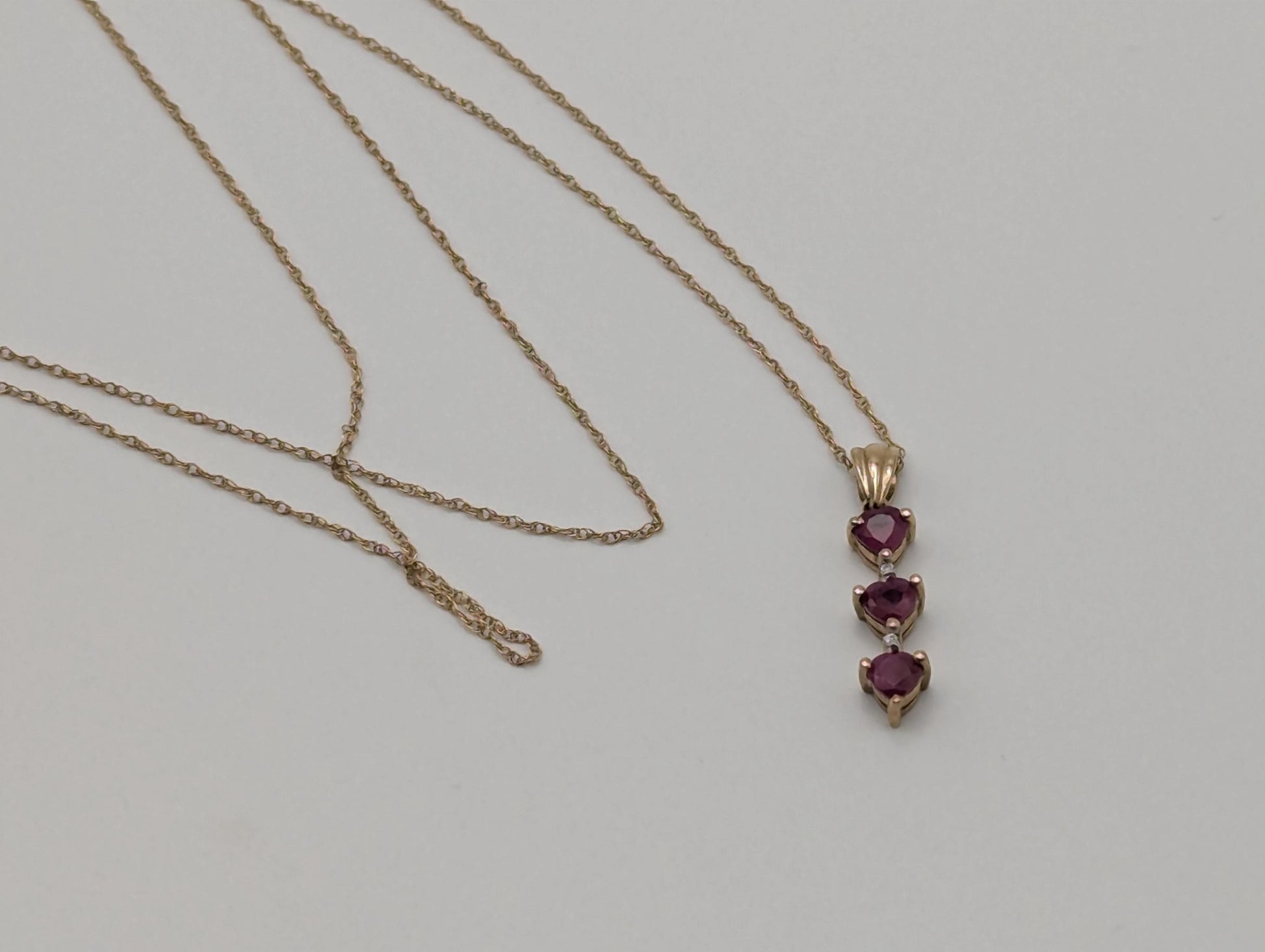 10k Gold Diamond & Ruby 3 Heat Love Stone Journey Necklace Pendant Yellow Gold Chain