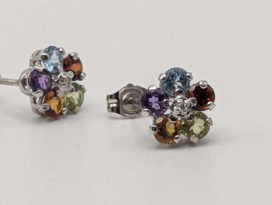 14K White Gold Flower Multi Gem Stud Earrings Minimalist Studs