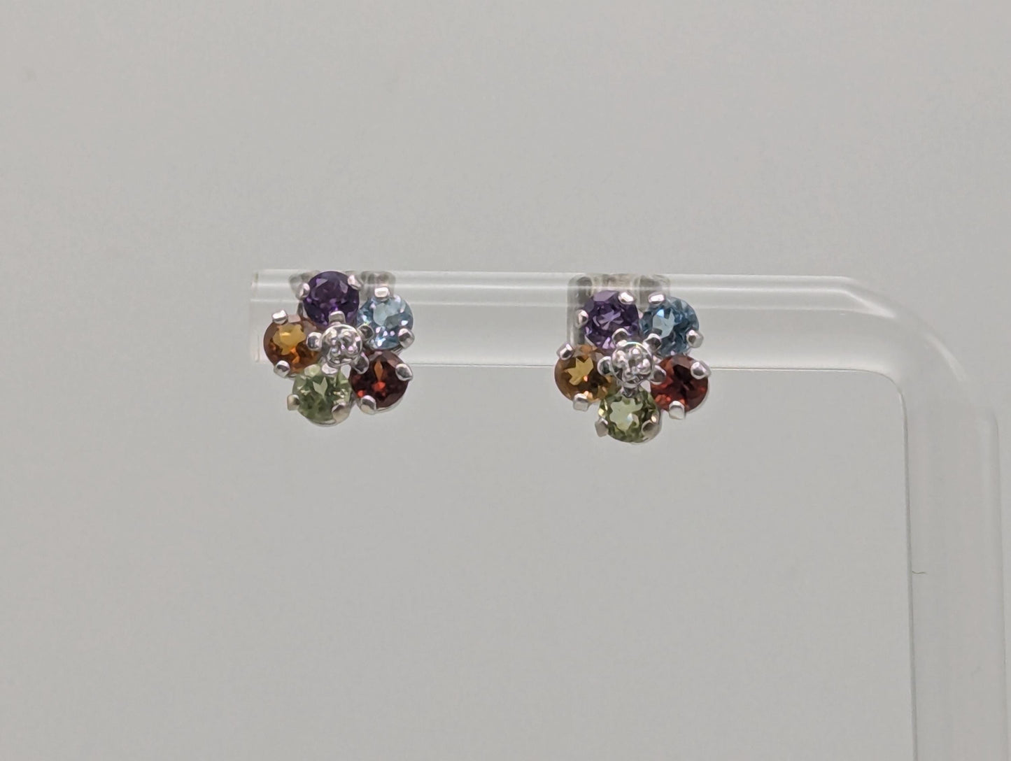 14K White Gold Flower Multi Gem Stud Earrings Minimalist Studs