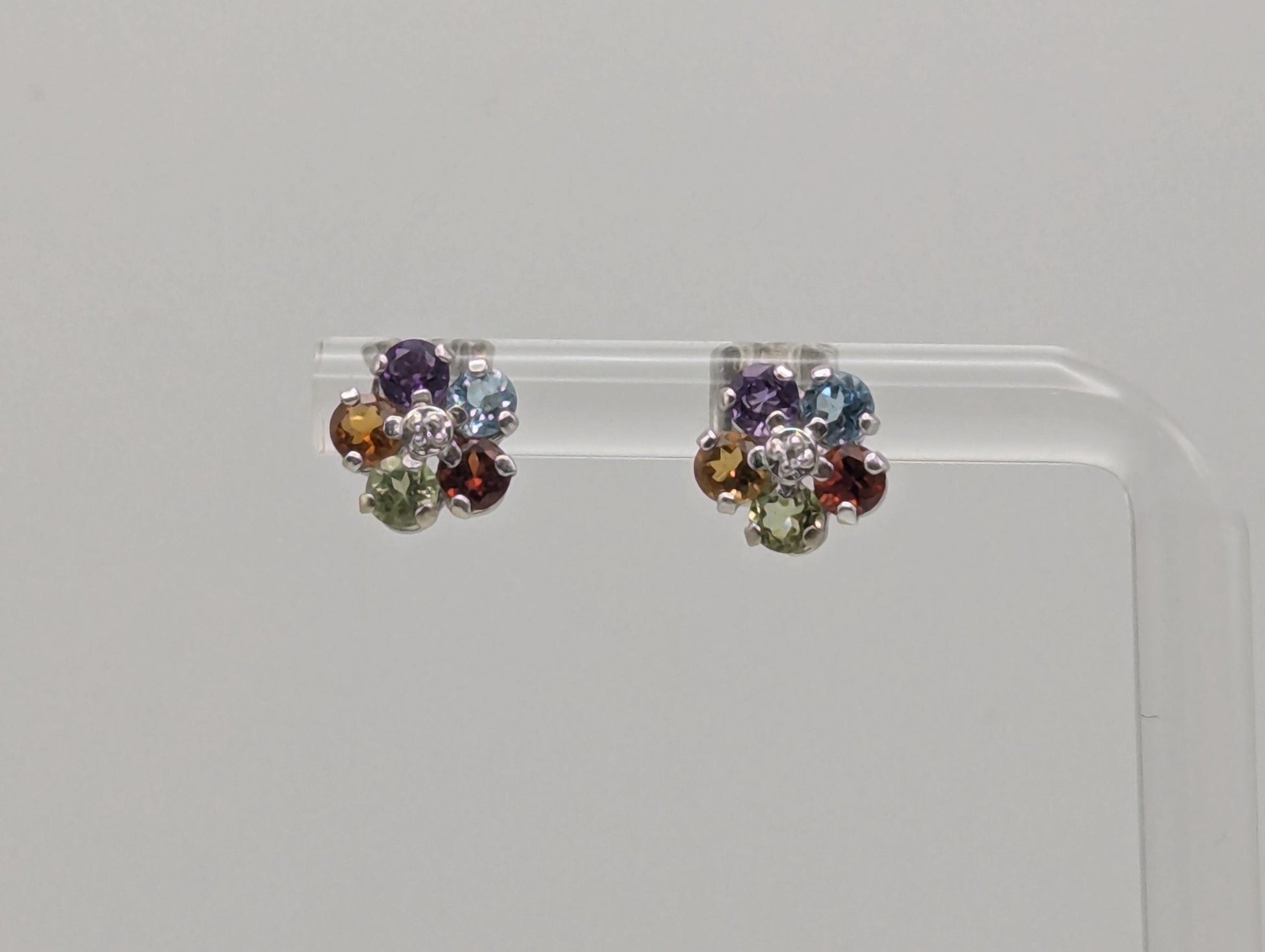 14K White Gold Flower Multi Gem Stud Earrings Minimalist Studs