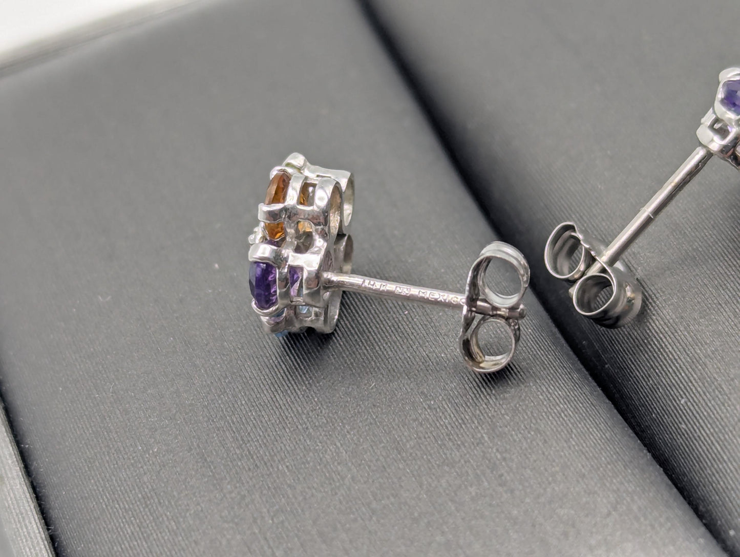 14K White Gold Flower Multi Gem Stud Earrings Minimalist Studs