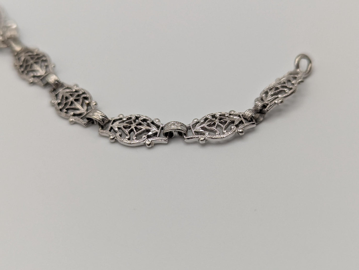 Art Deco 14k White Gold Camphor Diamond Bracelet 6" Vintage Crystal Filigree