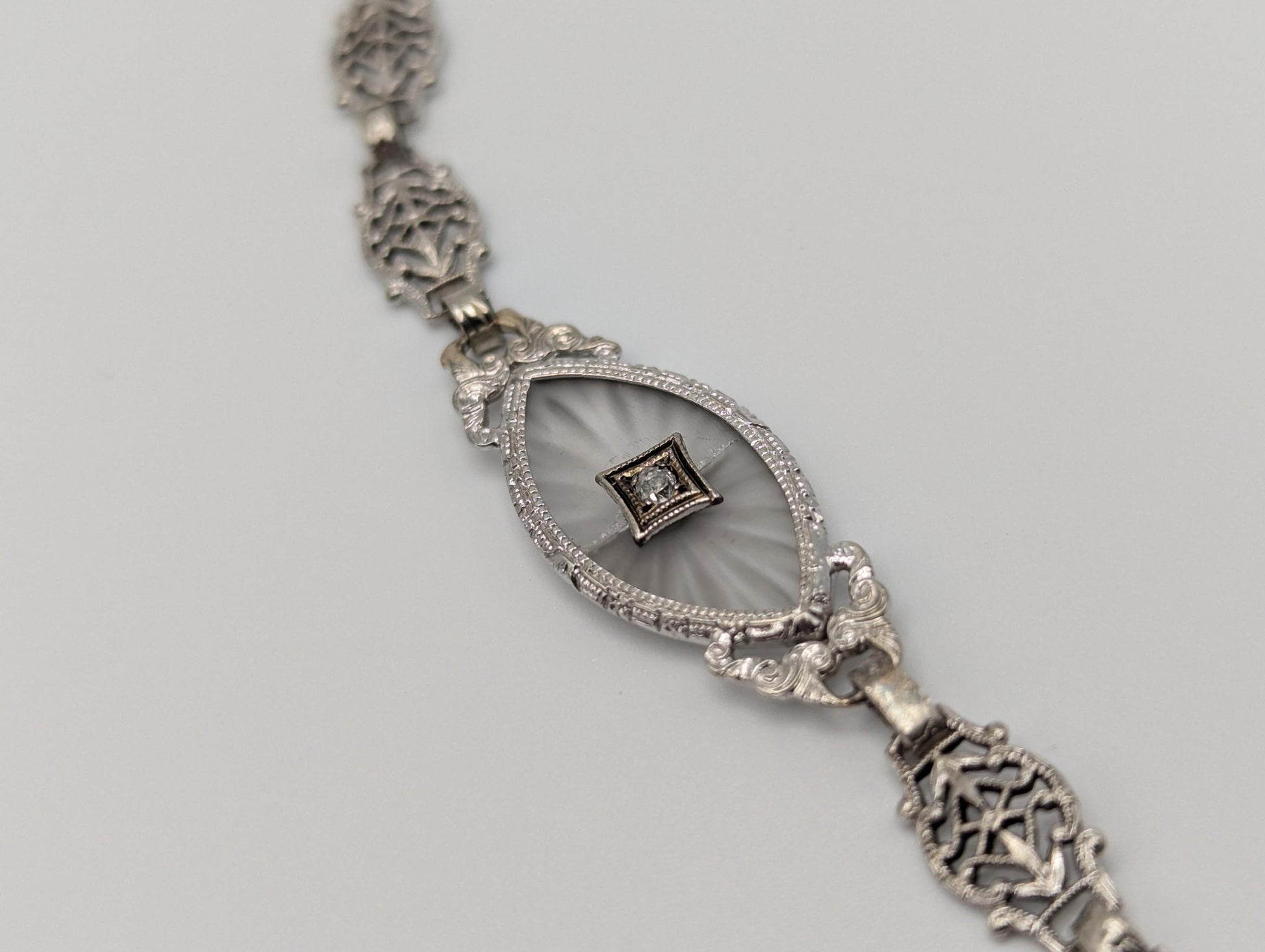 Art Deco 14k White Gold Camphor Diamond Bracelet 6" Vintage Crystal Filigree