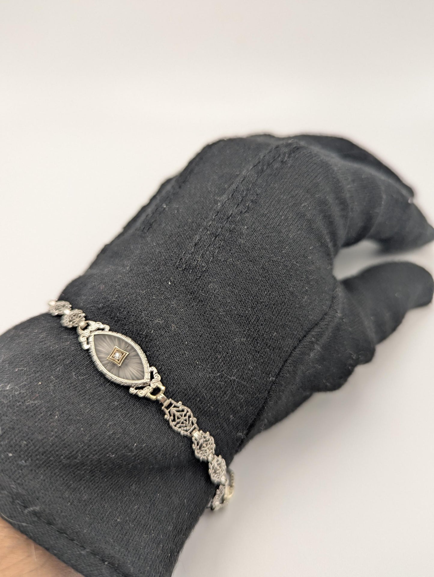 Art Deco 14k White Gold Camphor Diamond Bracelet 6" Vintage Crystal Filigree