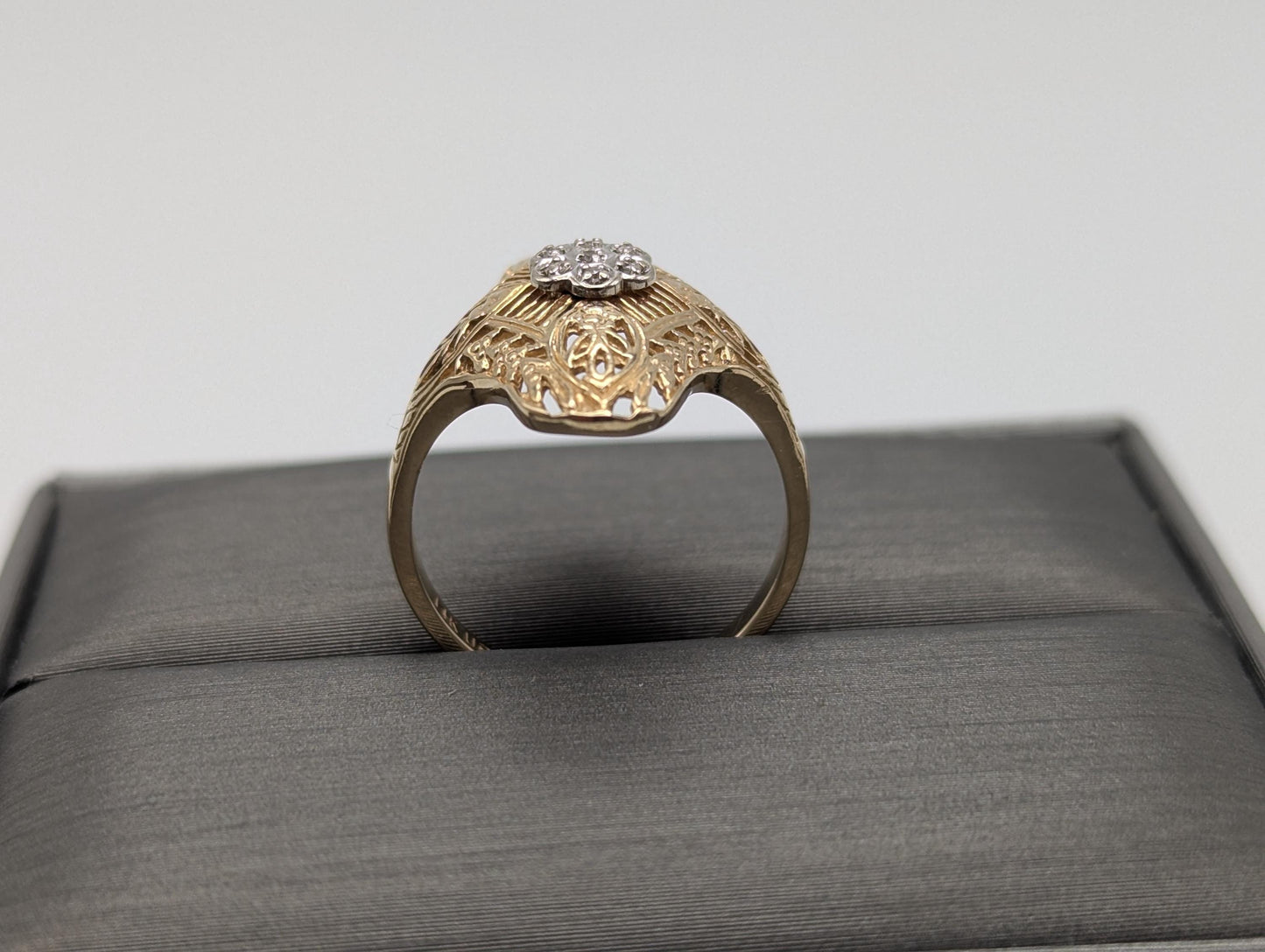 14k Yellow Gold Diamond Filigree Shield Ring Wedding Handmade Diamond Art Deco band