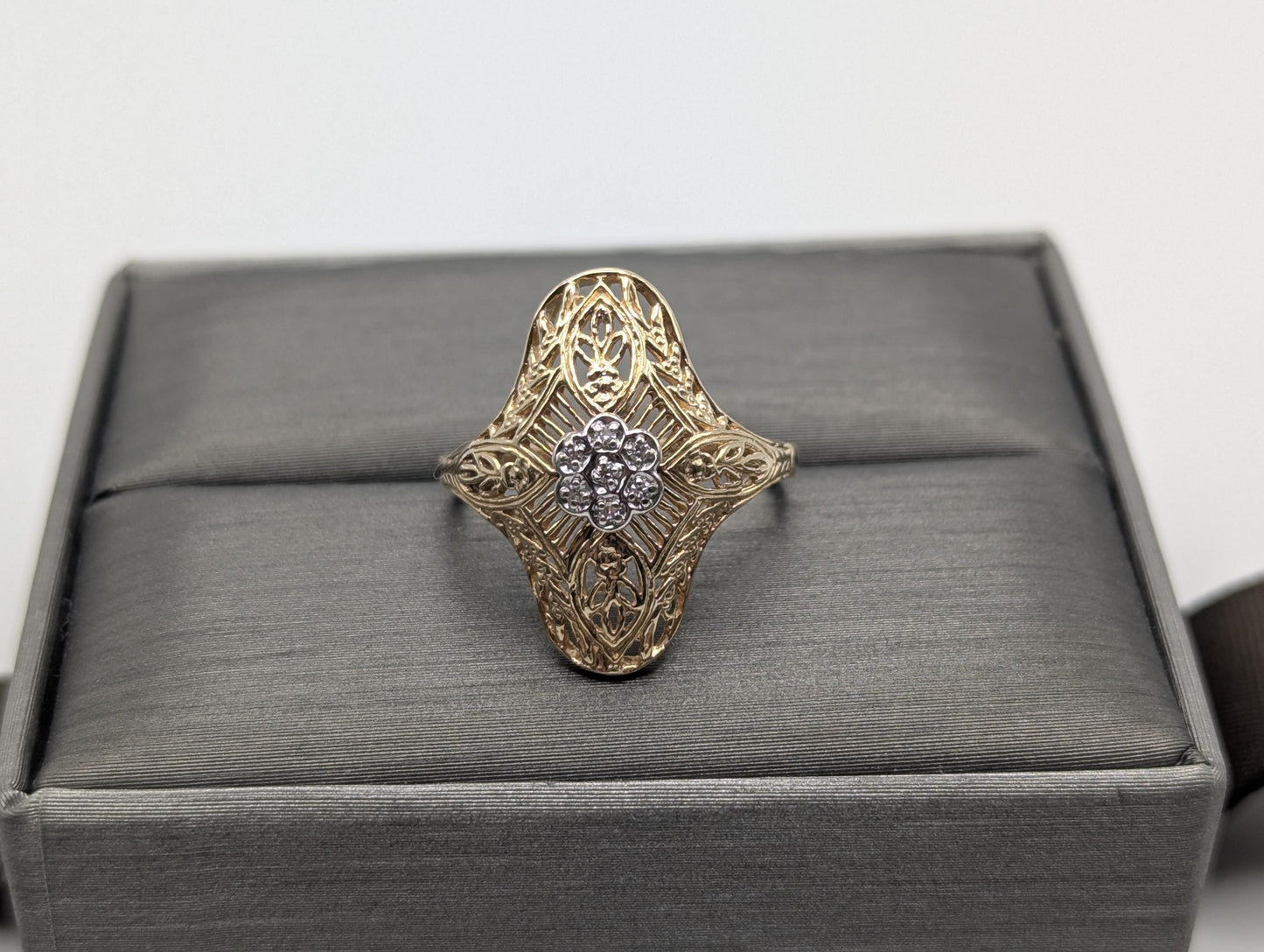 14k Yellow Gold Diamond Filigree Shield Ring Wedding Handmade Diamond Art Deco band