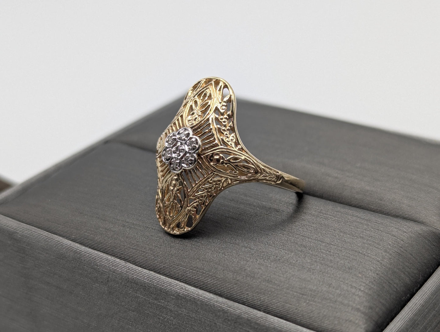 14k Yellow Gold Diamond Filigree Shield Ring Wedding Handmade Diamond Art Deco band