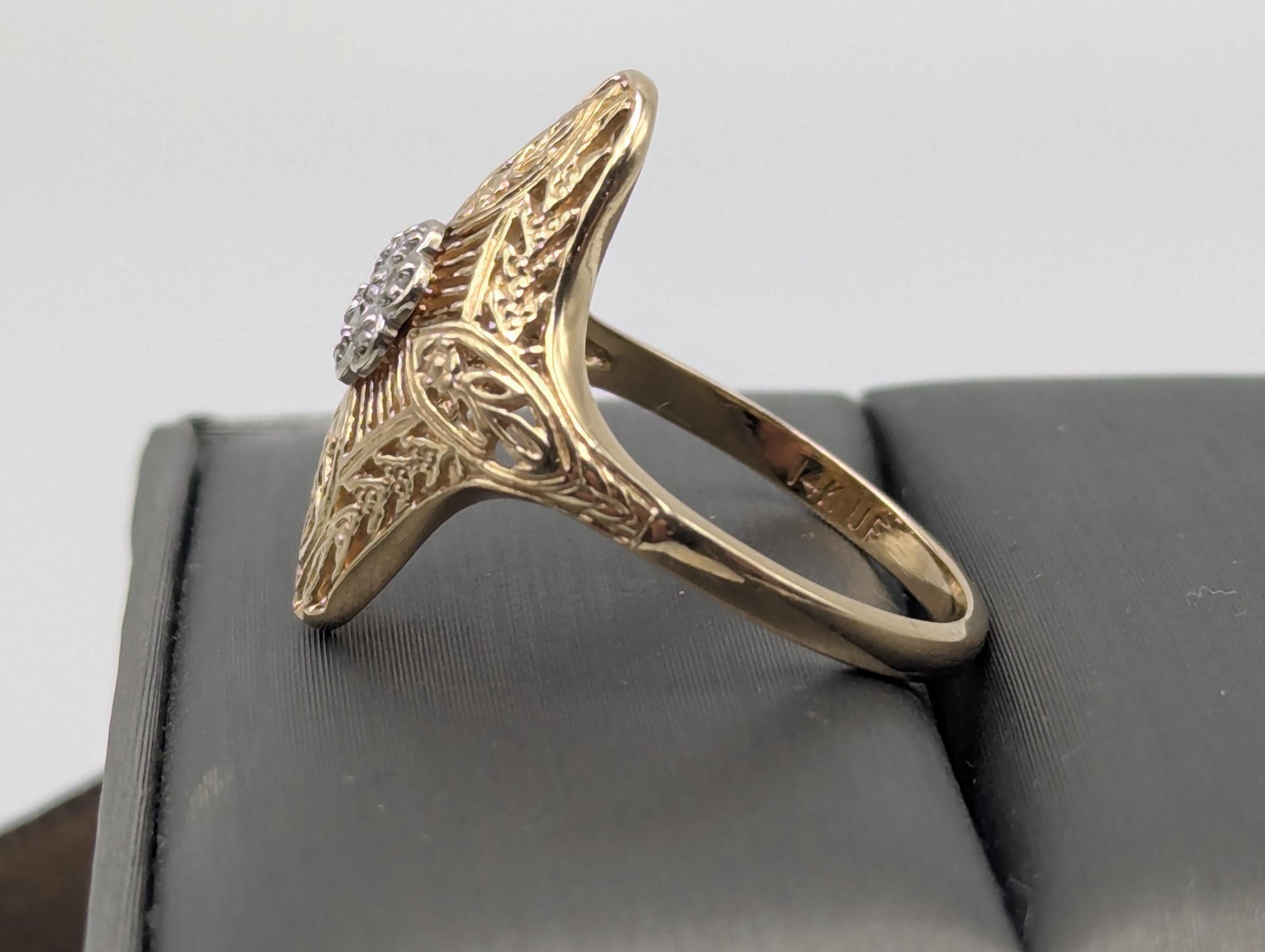 14k Yellow Gold Diamond Filigree Shield Ring Wedding Handmade Diamond Art Deco band
