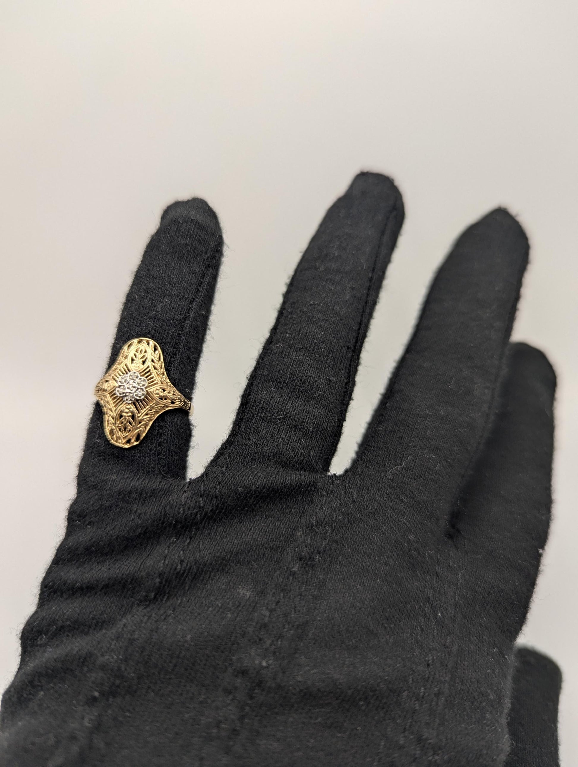 14k Yellow Gold Diamond Filigree Shield Ring Wedding Handmade Diamond Art Deco band