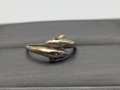 10k Yellow Gold Dolphin Sapphire Diamond Promise Ring Band FREE RESIZE