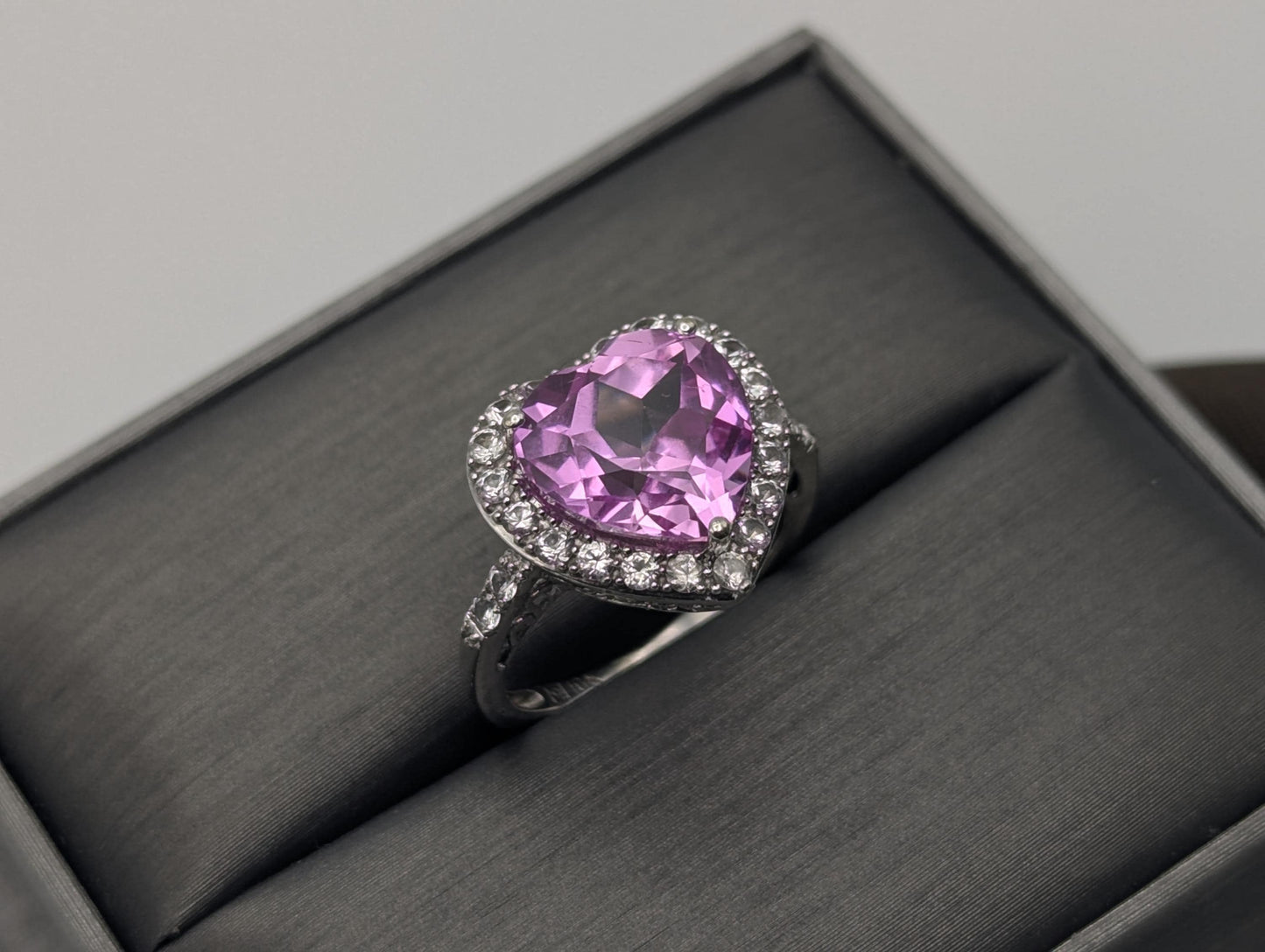 10k White Gold Pink Sapphire Heart Ring w Clear Sapphire Filigree Womens Cocktail Ring