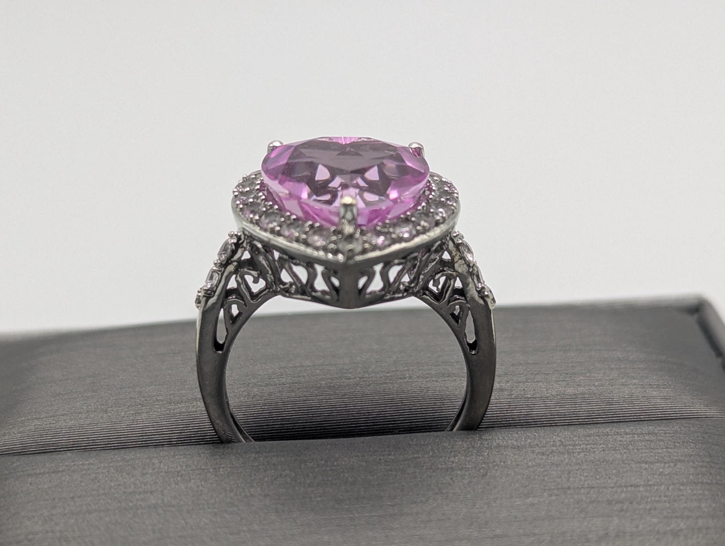 10k White Gold Pink Sapphire Heart Ring w Clear Sapphire Filigree Womens Cocktail Ring