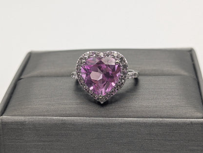 10k White Gold Pink Sapphire Heart Ring w Clear Sapphire Filigree Womens Cocktail Ring