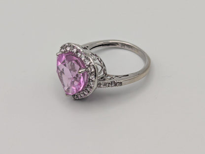 10k White Gold Pink Sapphire Heart Ring w Clear Sapphire Filigree Womens Cocktail Ring