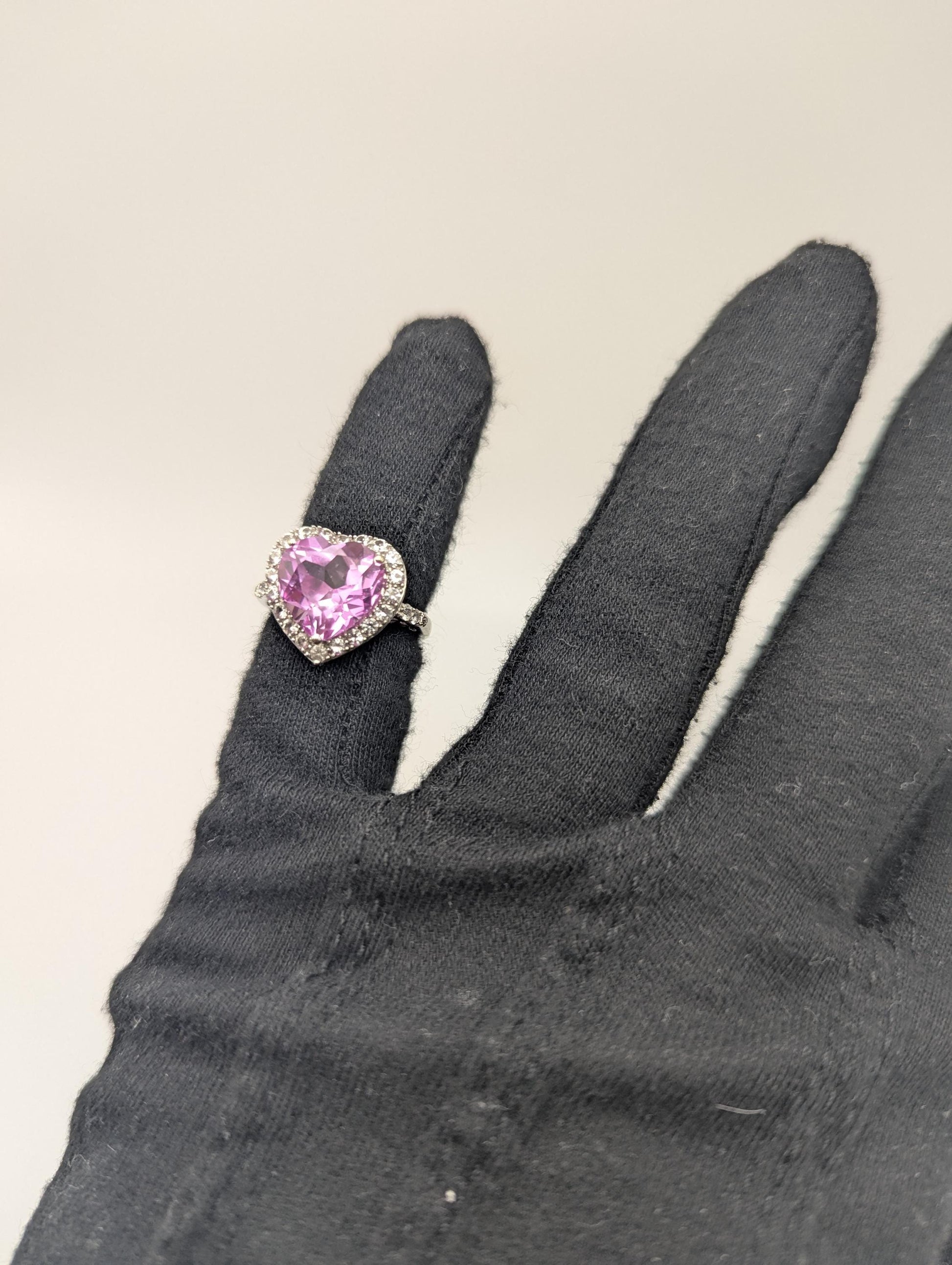 10k White Gold Pink Sapphire Heart Ring w Clear Sapphire Filigree Womens Cocktail Ring