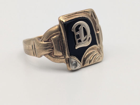 Victorian Gold Initial D 7.0gr Diamond 10k Black Onyx Mens Signet Ring FREE RESIZE