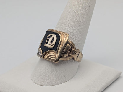 Victorian Gold Initial D 7.0gr Diamond 10k Black Onyx Mens Signet Ring FREE RESIZE