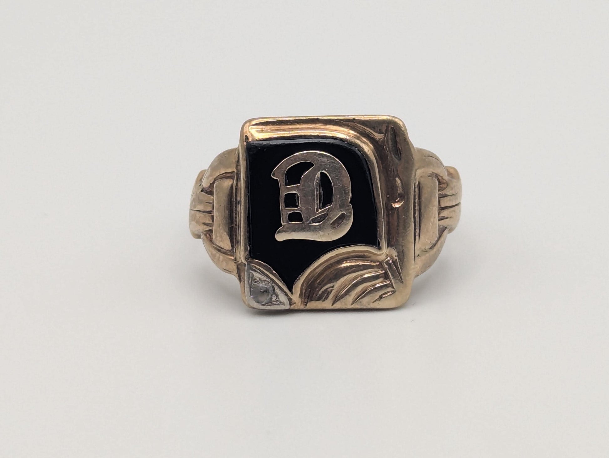 Victorian Gold Initial D 7.0gr Diamond 10k Black Onyx Mens Signet Ring FREE RESIZE