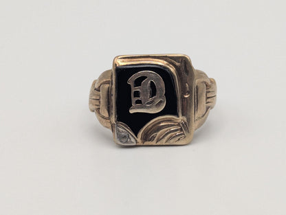 Victorian Gold Initial D 7.0gr Diamond 10k Black Onyx Mens Signet Ring FREE RESIZE