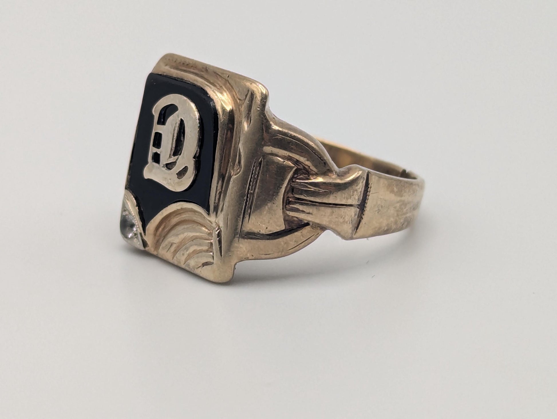 Victorian Gold Initial D 7.0gr Diamond 10k Black Onyx Mens Signet Ring FREE RESIZE