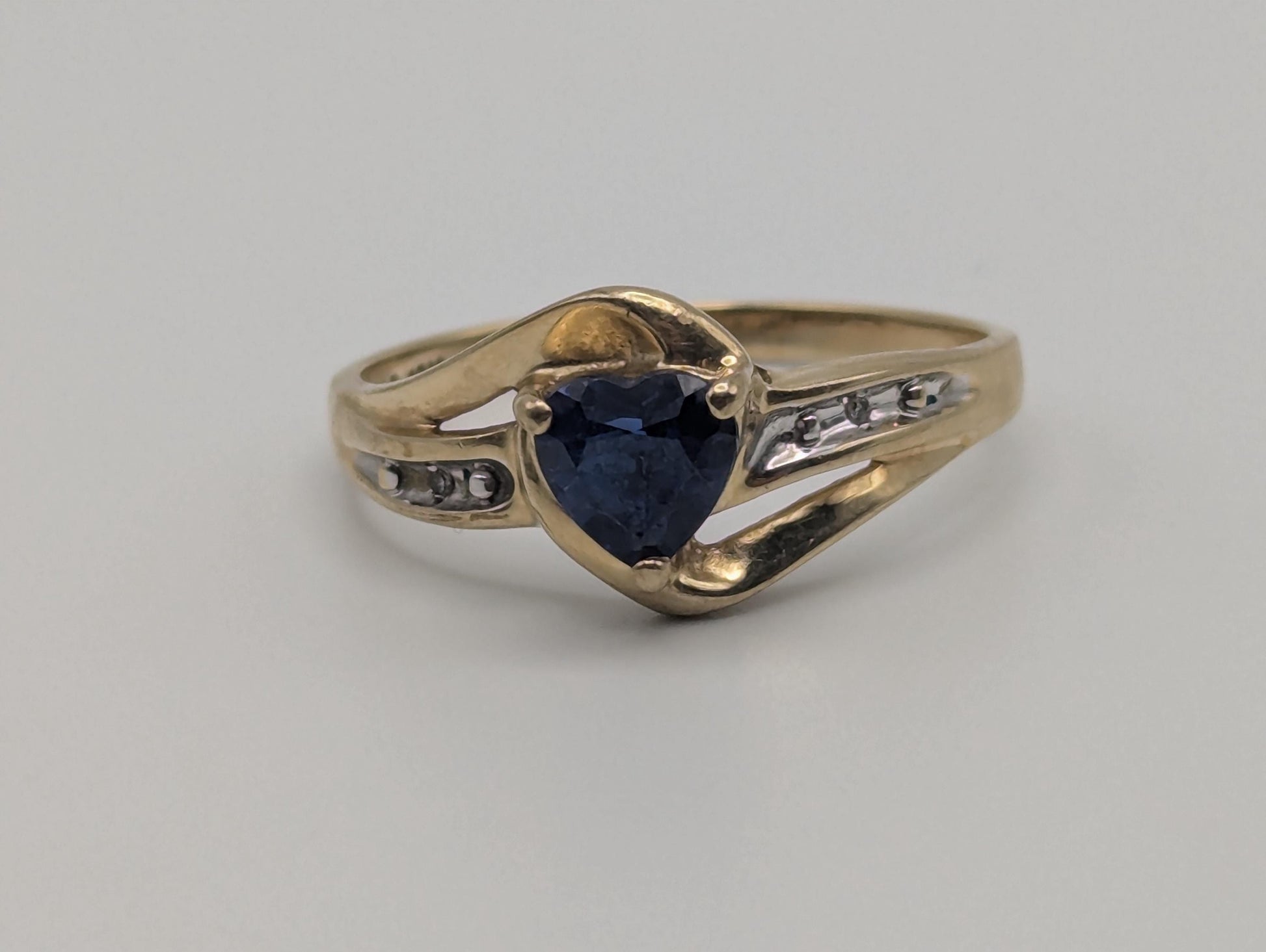 10k Yellow Gold Diamond Sapphire Diamond Band. 10k Sapphire Solitaire Ring. Promise Ring.