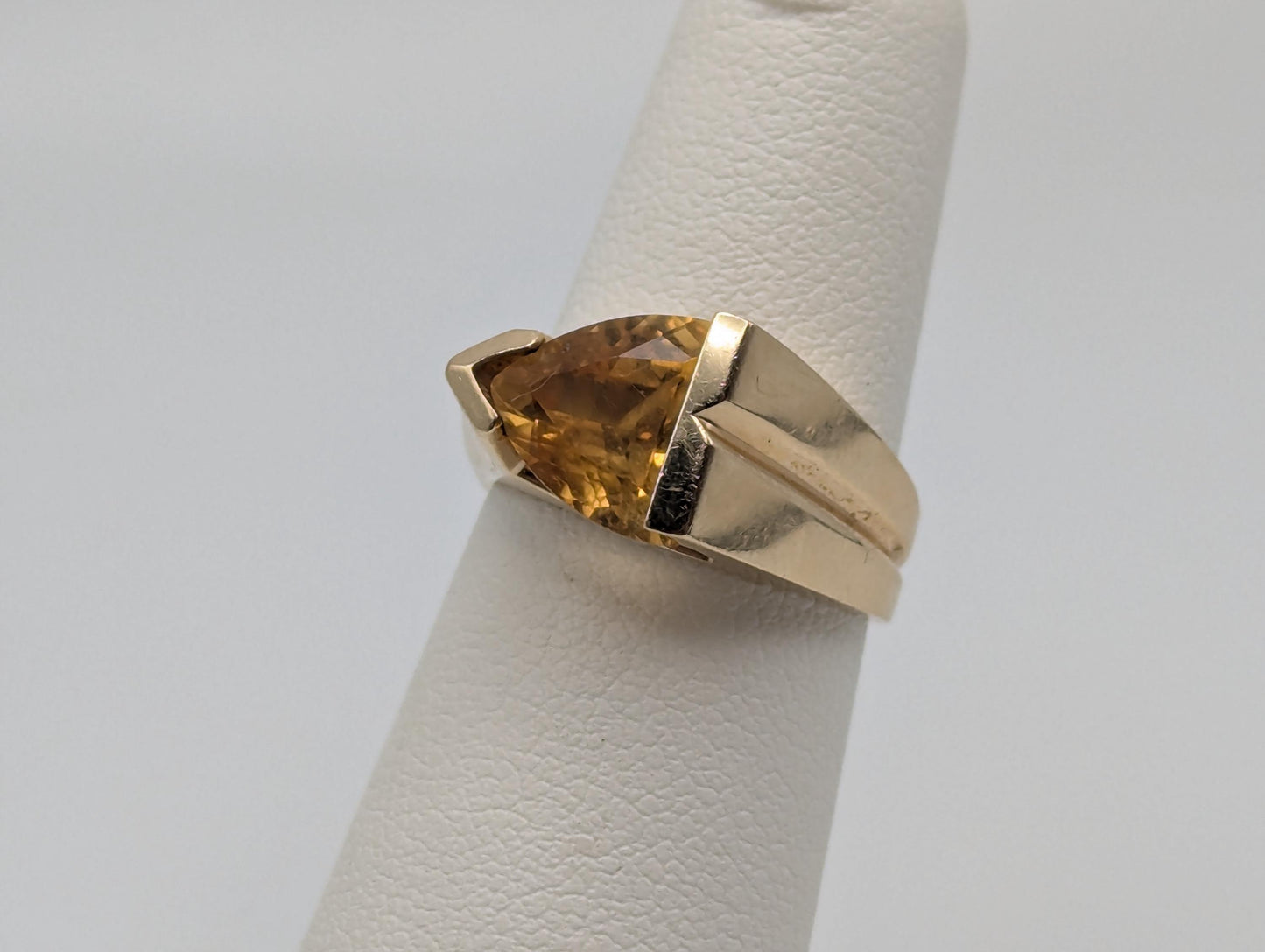 14k Yellow Gold Solitare Citrine Amber Diamond Cocktail Statement Pinky Ring