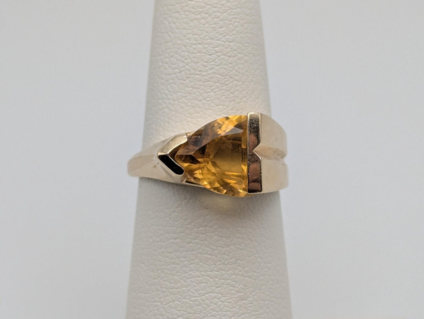 14k Yellow Gold Solitare Citrine Amber Diamond Cocktail Statement Pinky Ring