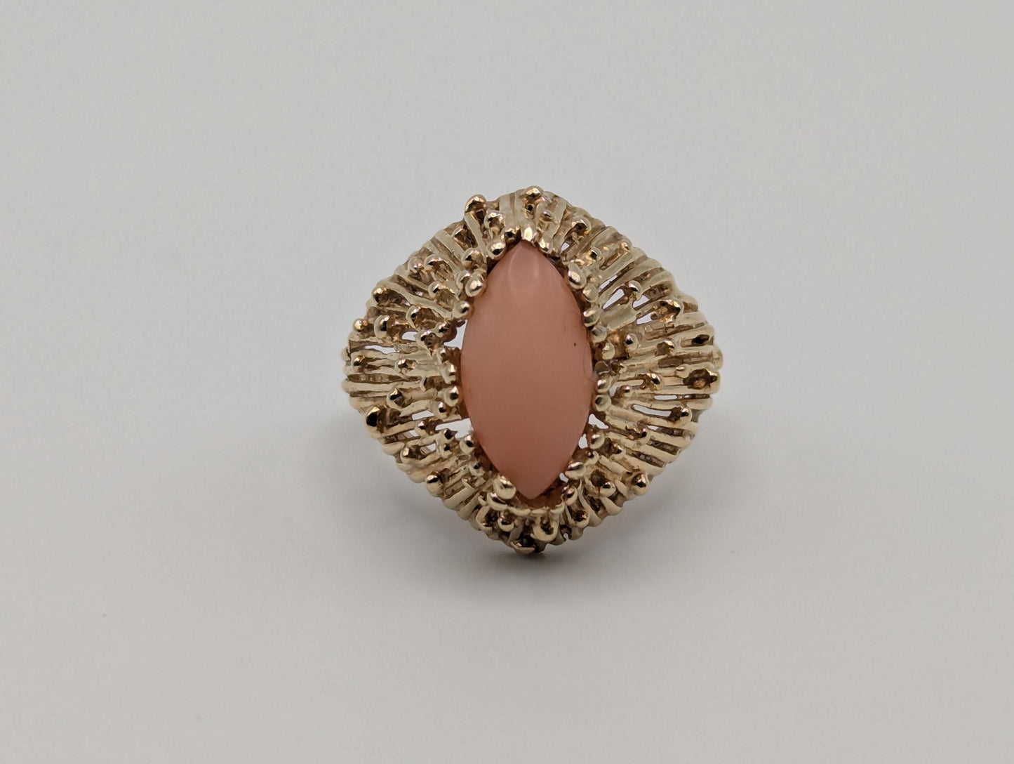 14k Yellow Gold Pink Coral Ring Cocktail Ring Statement Wedding Ring