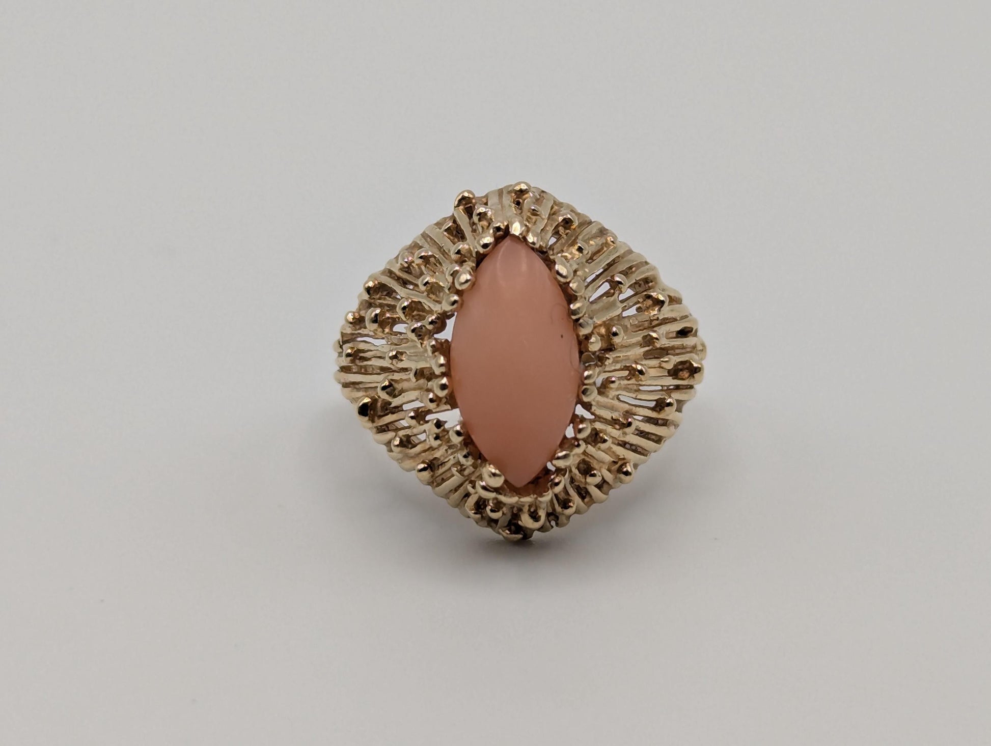 14k Yellow Gold Pink Coral Ring Cocktail Ring Statement Wedding Ring