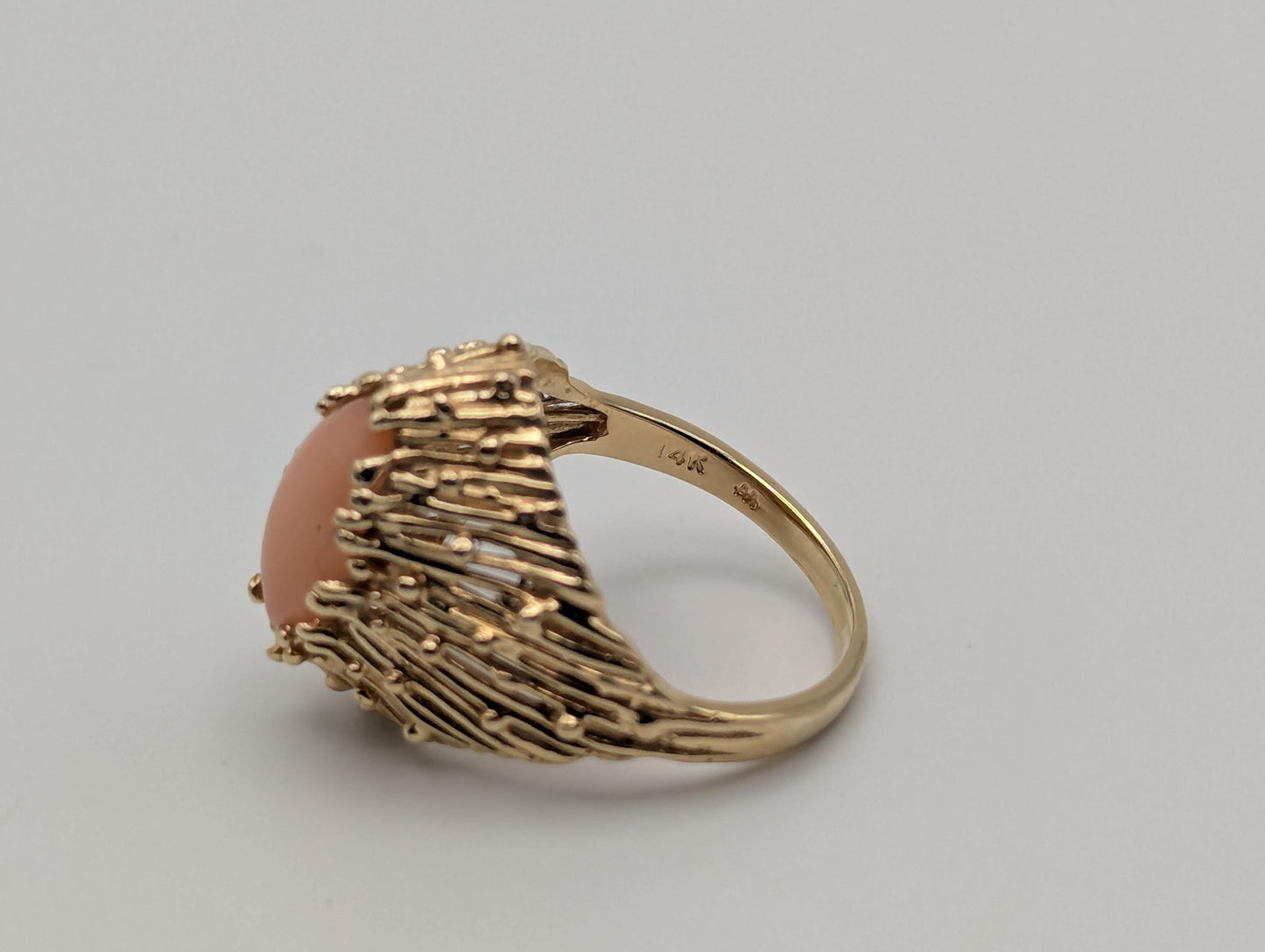 14k Yellow Gold Pink Coral Ring Cocktail Ring Statement Wedding Ring