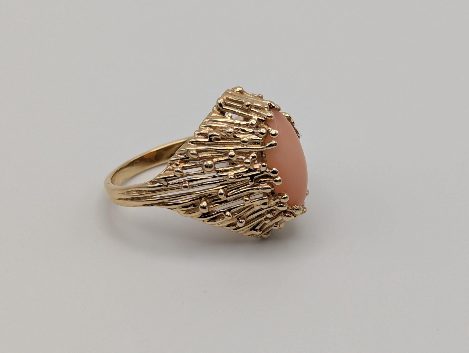 14k Yellow Gold Pink Coral Ring Cocktail Ring Statement Wedding Ring
