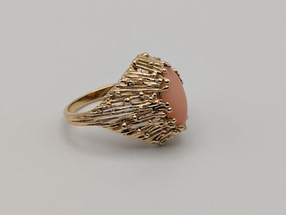 14k Yellow Gold Pink Coral Ring Cocktail Ring Statement Wedding Ring