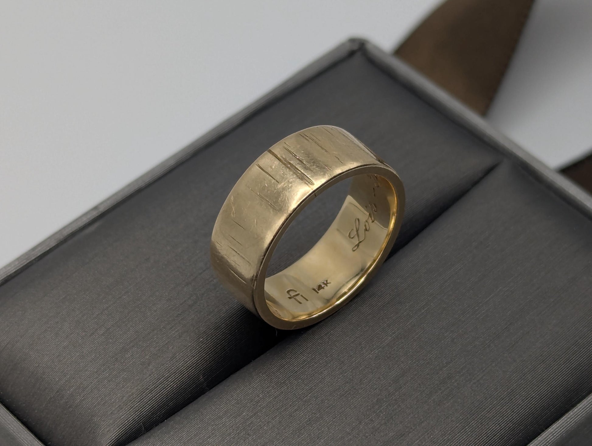 14k Yellow Gold Etched Design 7mm Wide Wedding Cigar Ring Comfort Fit Anniversary Band