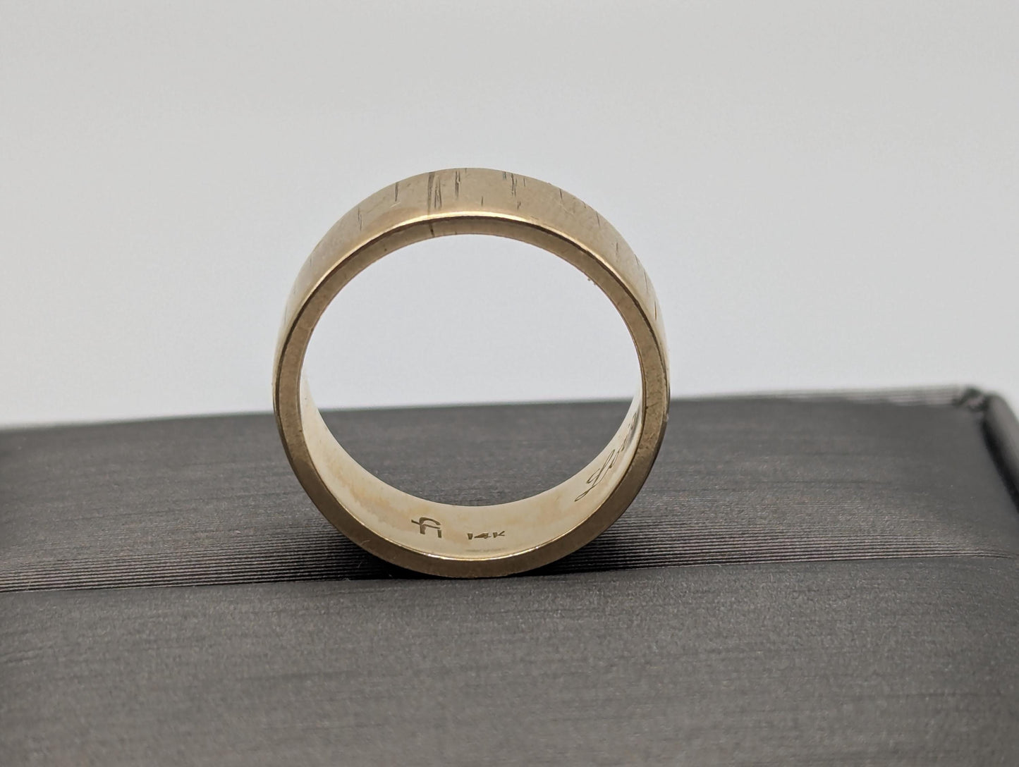 14k Yellow Gold Etched Design 7mm Wide Wedding Cigar Ring Comfort Fit Anniversary Band