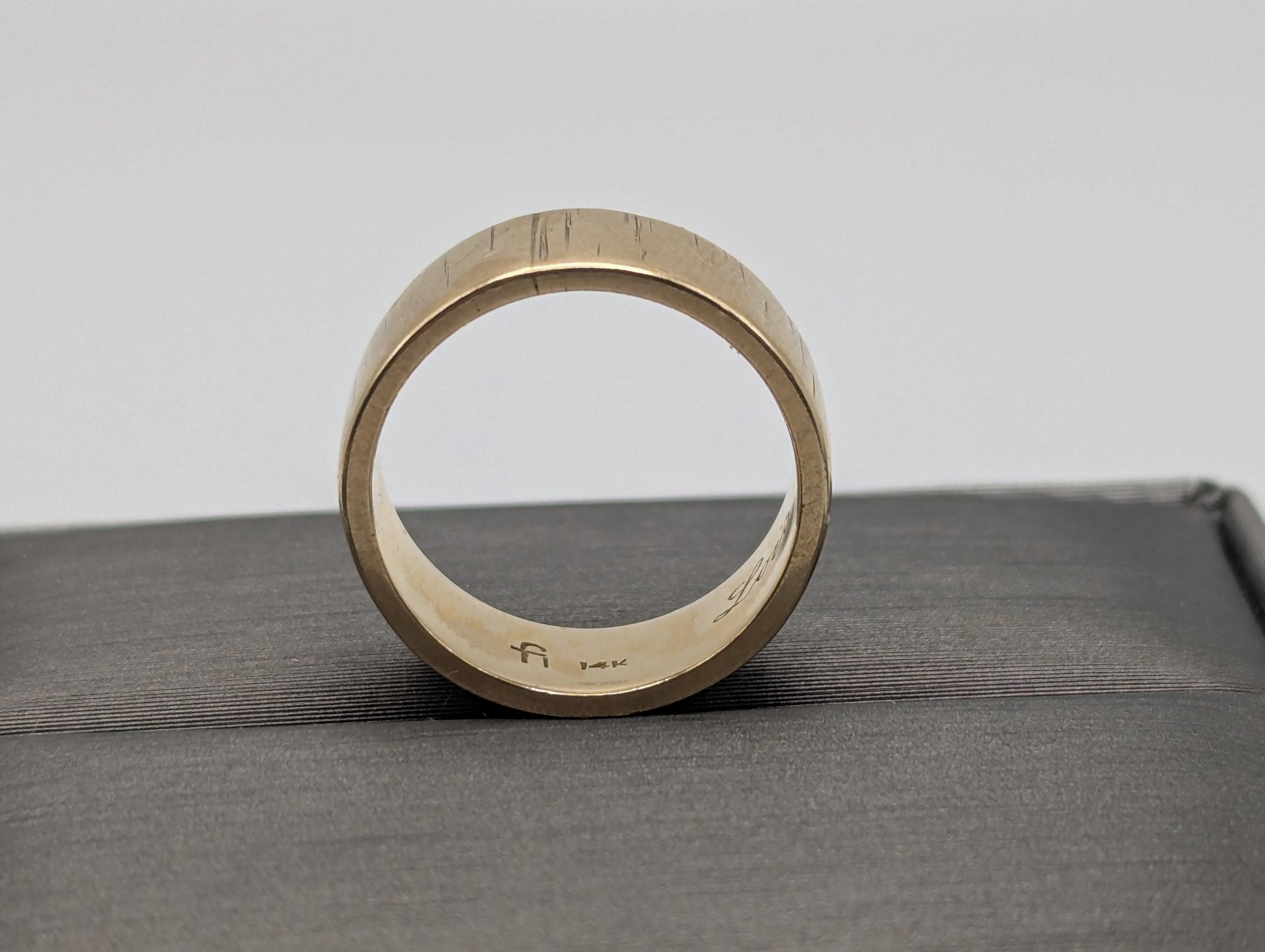 14k Yellow Gold Etched Design 7mm Wide Wedding Cigar Ring Comfort Fit Anniversary Band