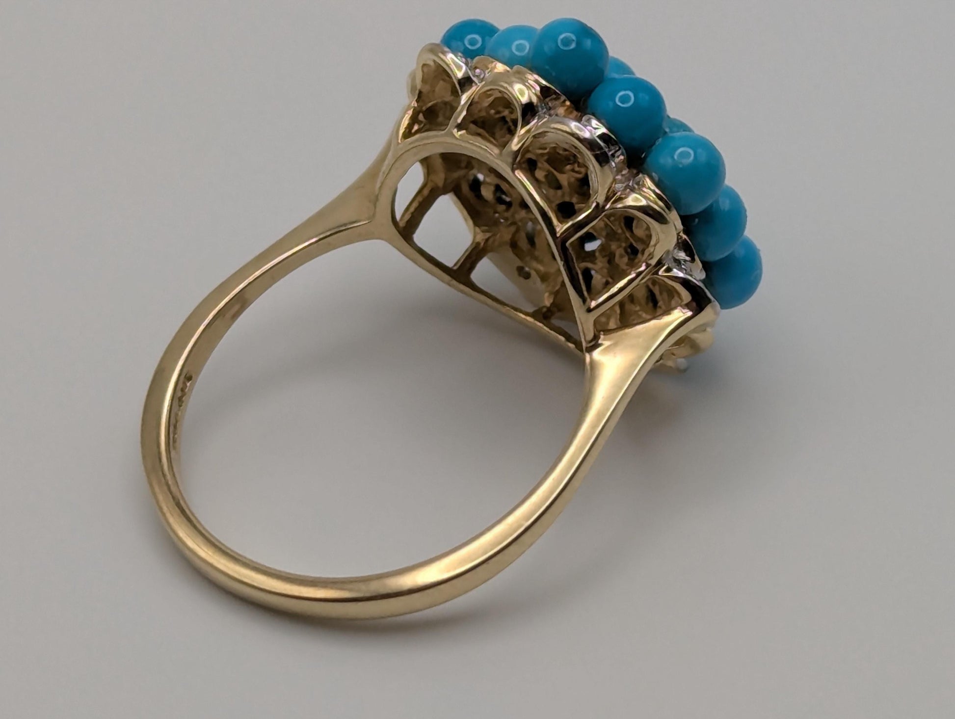 10k Gold Turquoise Diamond Cluster Flower Cocktail Statement Ring Wedding