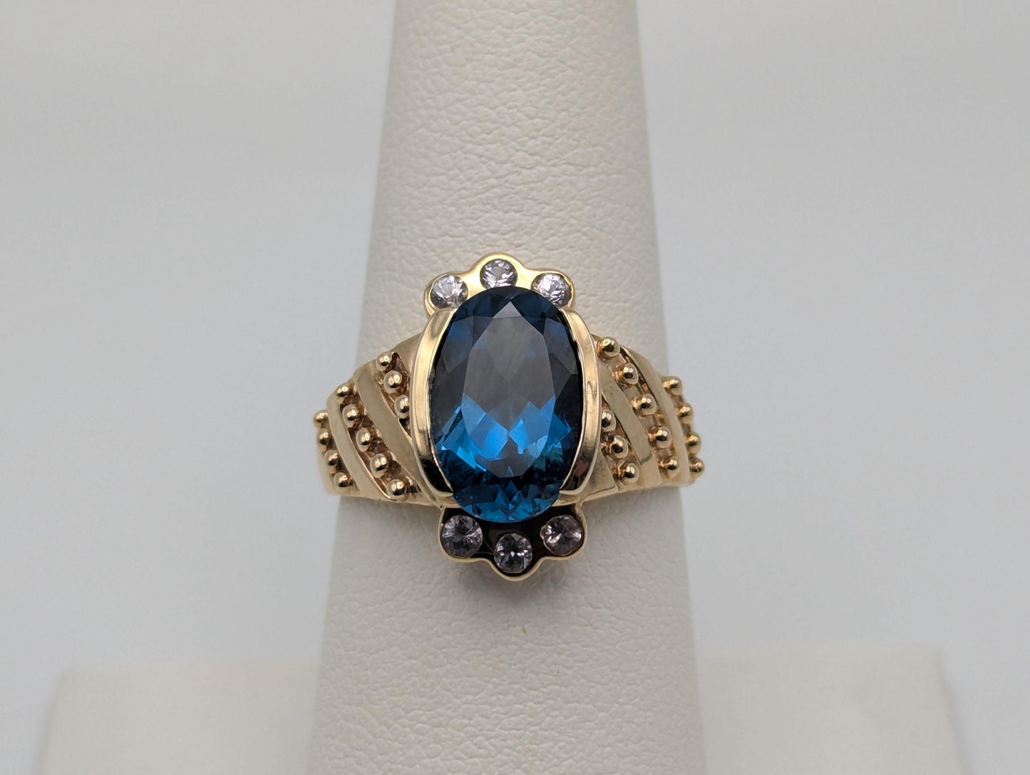 10k Yellow Gold Blue Topaz Sapphire Ring Statement Cocktail Signet Pinky Ring.