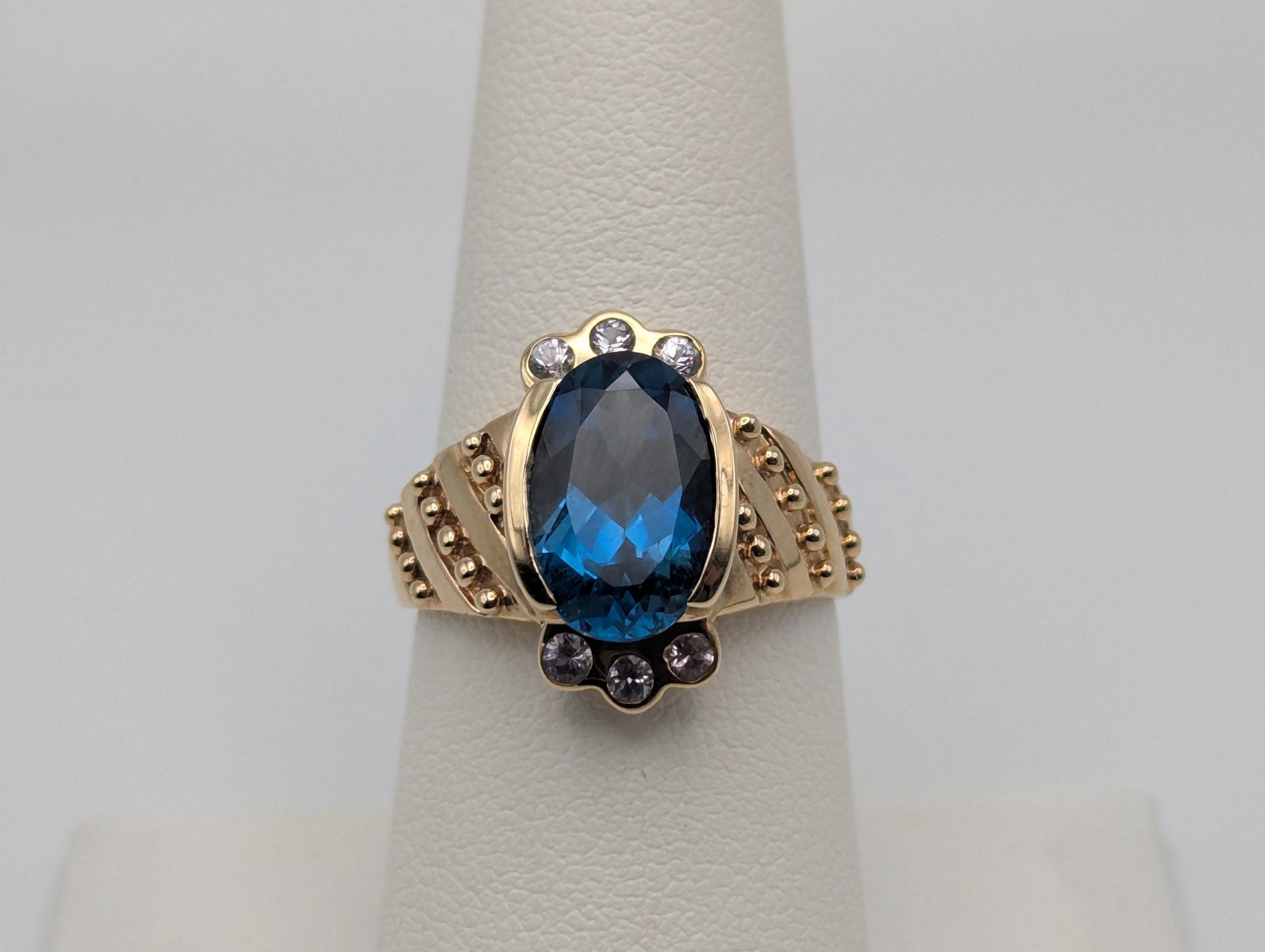 10k Yellow Gold Blue Topaz Sapphire Ring Statement Cocktail Signet Pinky Ring.