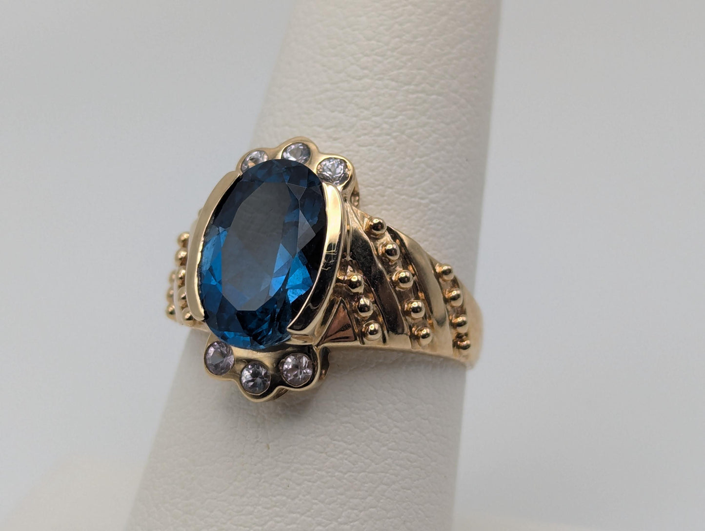 10k Yellow Gold Blue Topaz Sapphire Ring Statement Cocktail Signet Pinky Ring.