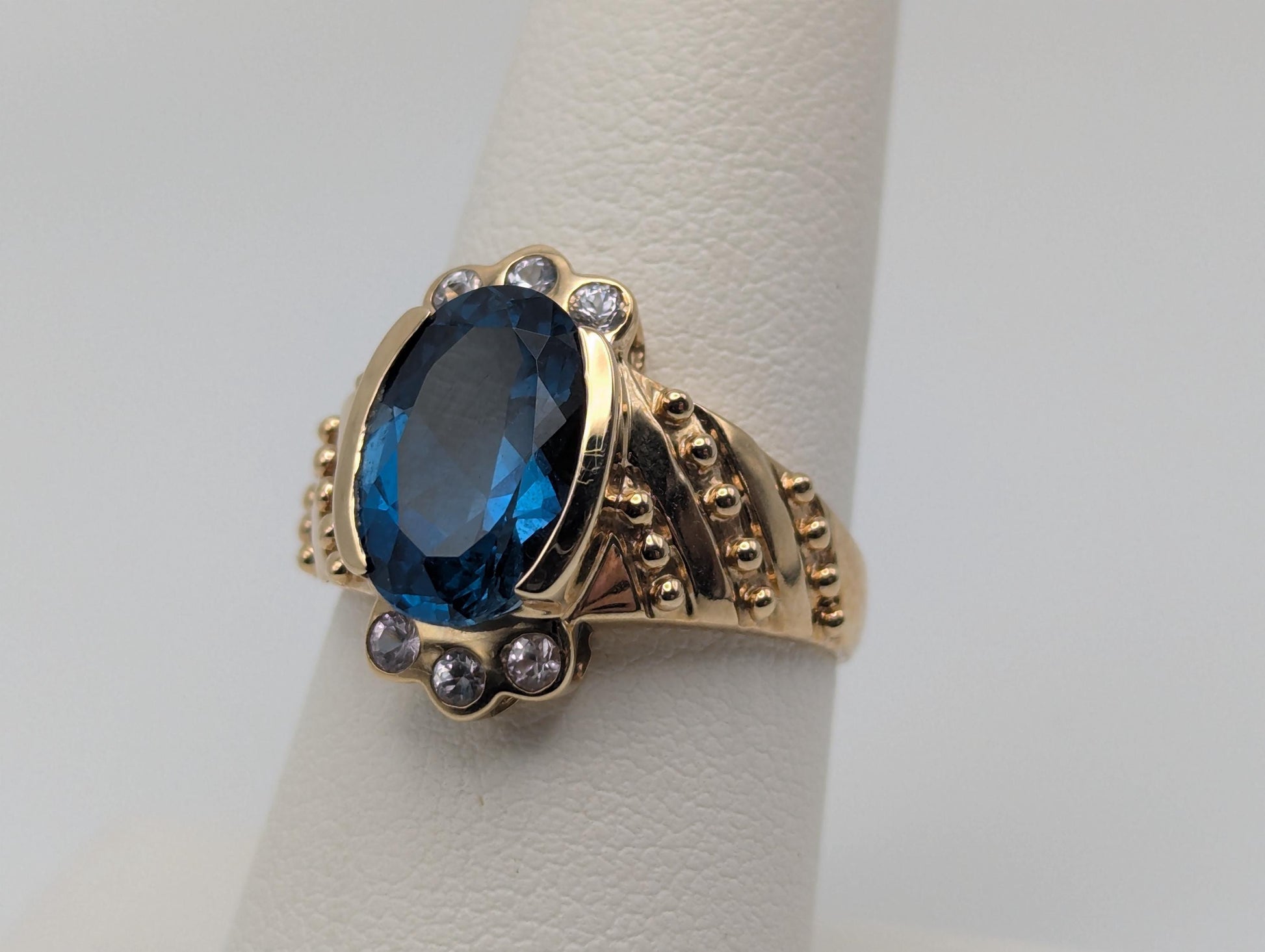 10k Yellow Gold Blue Topaz Sapphire Ring Statement Cocktail Signet Pinky Ring.