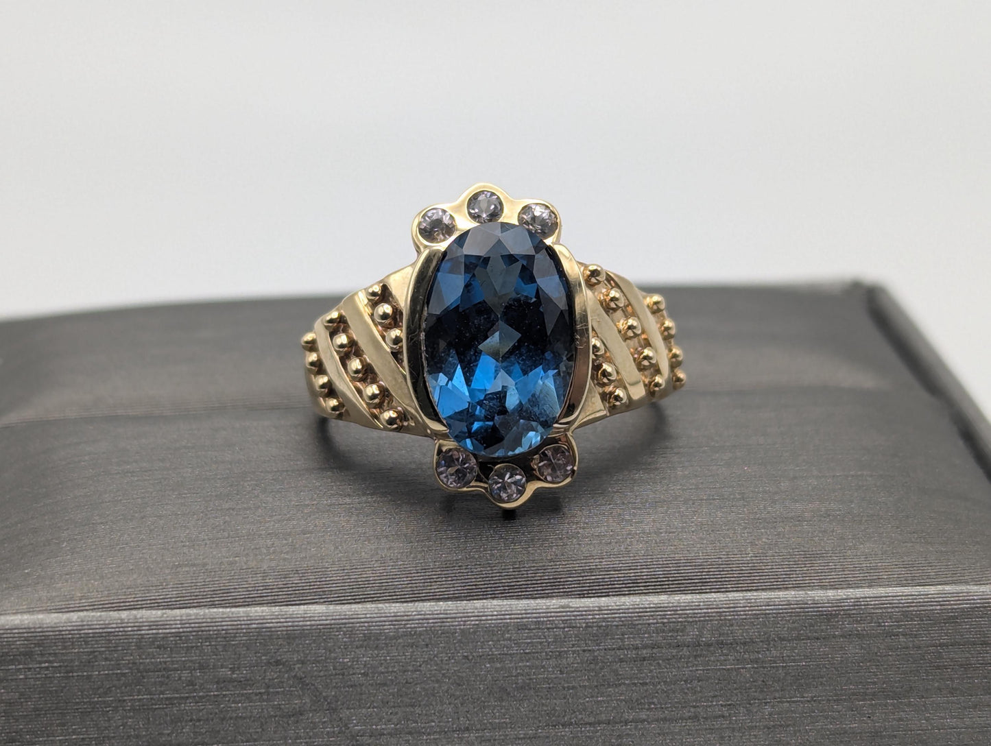 10k Yellow Gold Blue Topaz Sapphire Ring Statement Cocktail Signet Pinky Ring.
