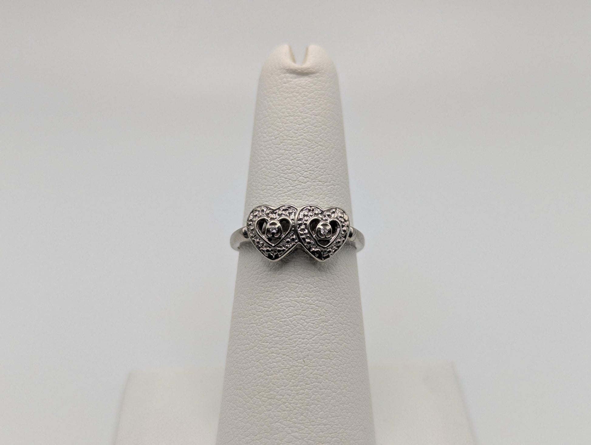 10k White Gold Diamond Hearts Ring Two Hearts Promise Love Ring Heart Minimalist Ring