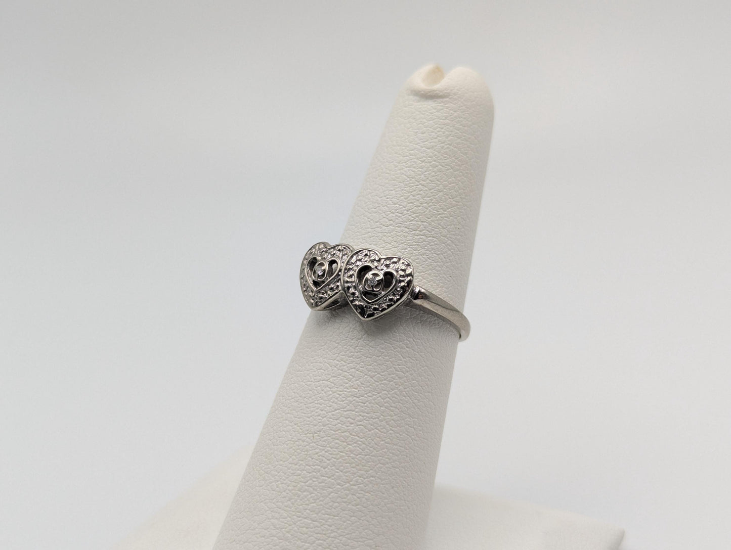 10k White Gold Diamond Hearts Ring Two Hearts Promise Love Ring Heart Minimalist Ring