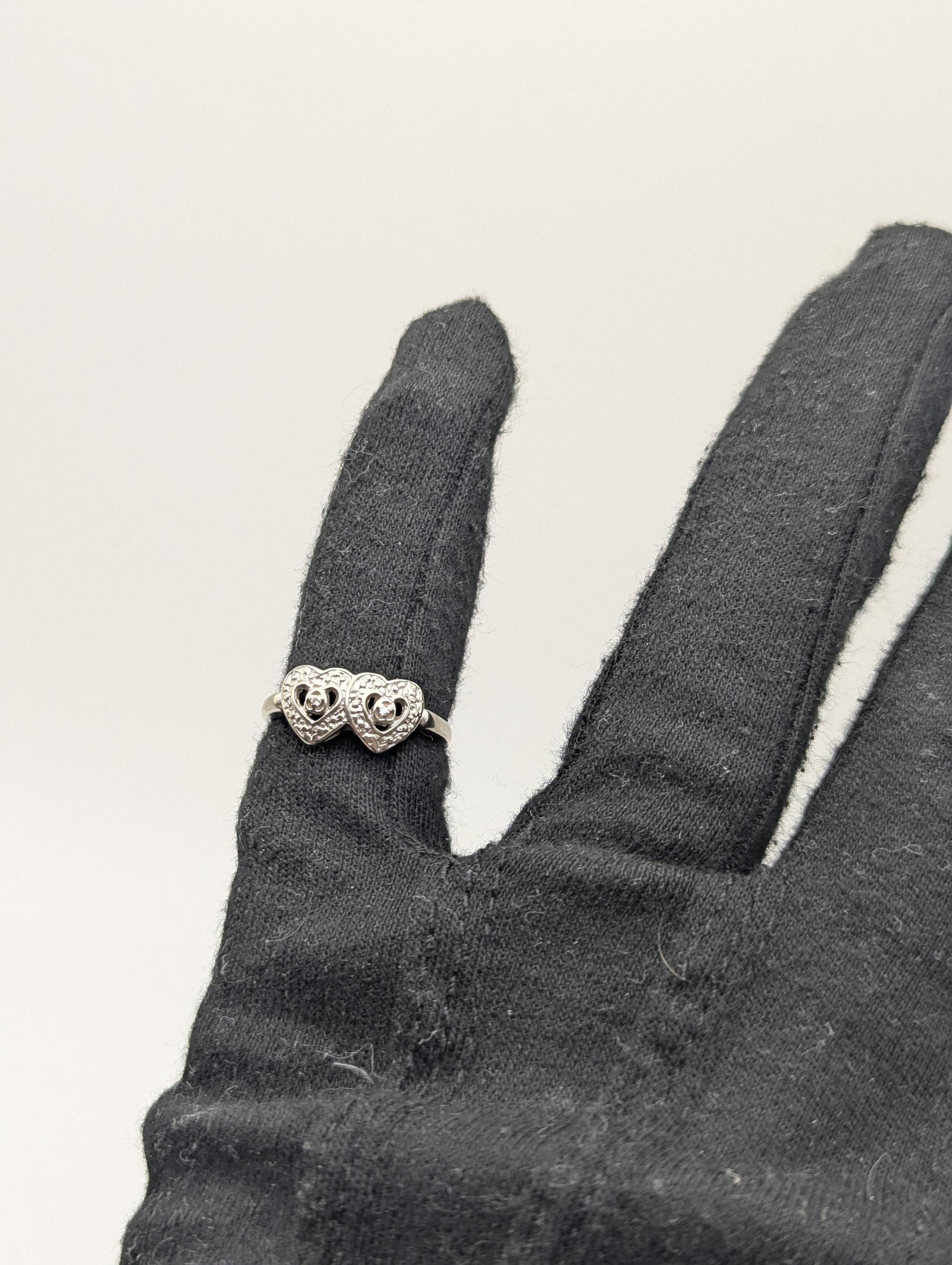 10k White Gold Diamond Hearts Ring Two Hearts Promise Love Ring Heart Minimalist Ring