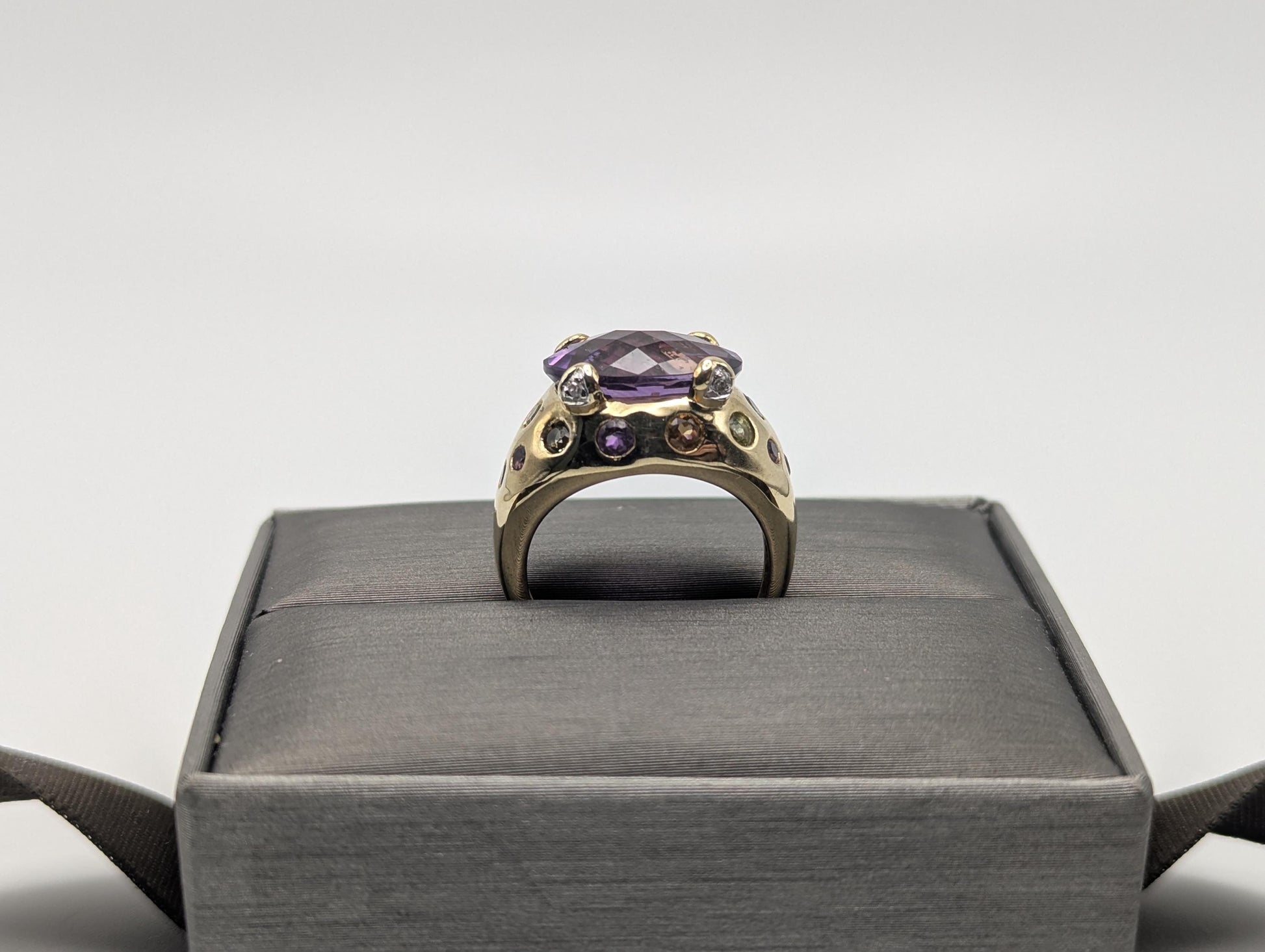 10k Gold Purple Amethyst Diamond Multi Stone Ring Vintage Cocktail Statement Ring.
